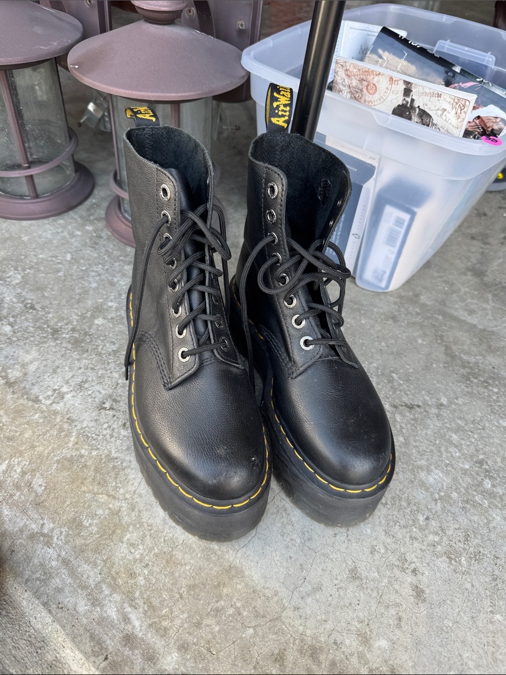 Dr. Martens Black Leather Platform Lace-Up Boots with Yellow Stitching